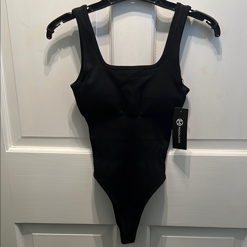 SALE! Black Bodysuit with Square Neckline and High-Cut Design